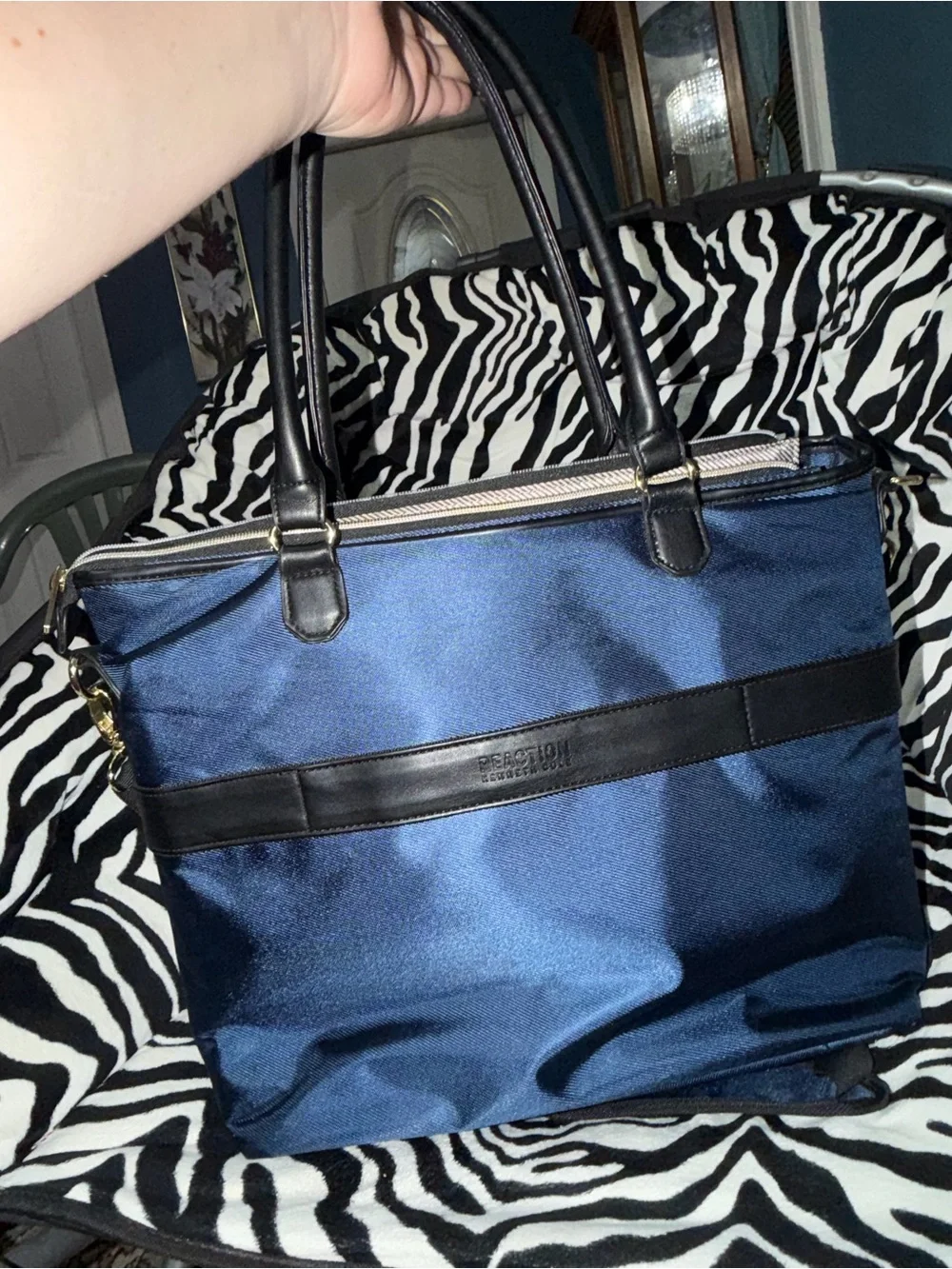 Kenneth Cole Reaction Navy Quilted Laptop Tote with Gold Hardware